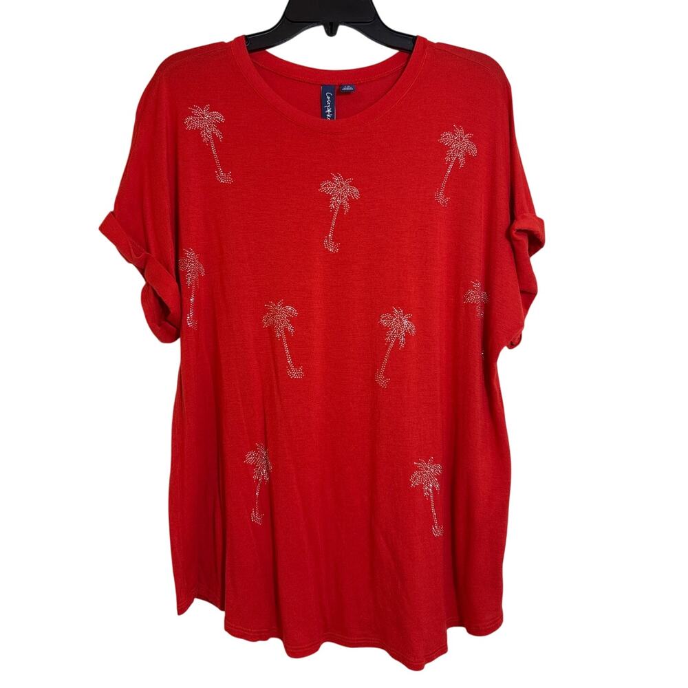 Casey Key 1X Reddish, Orange, Silver Palm Tree Scoop Neck Rolled Cap Sleeve